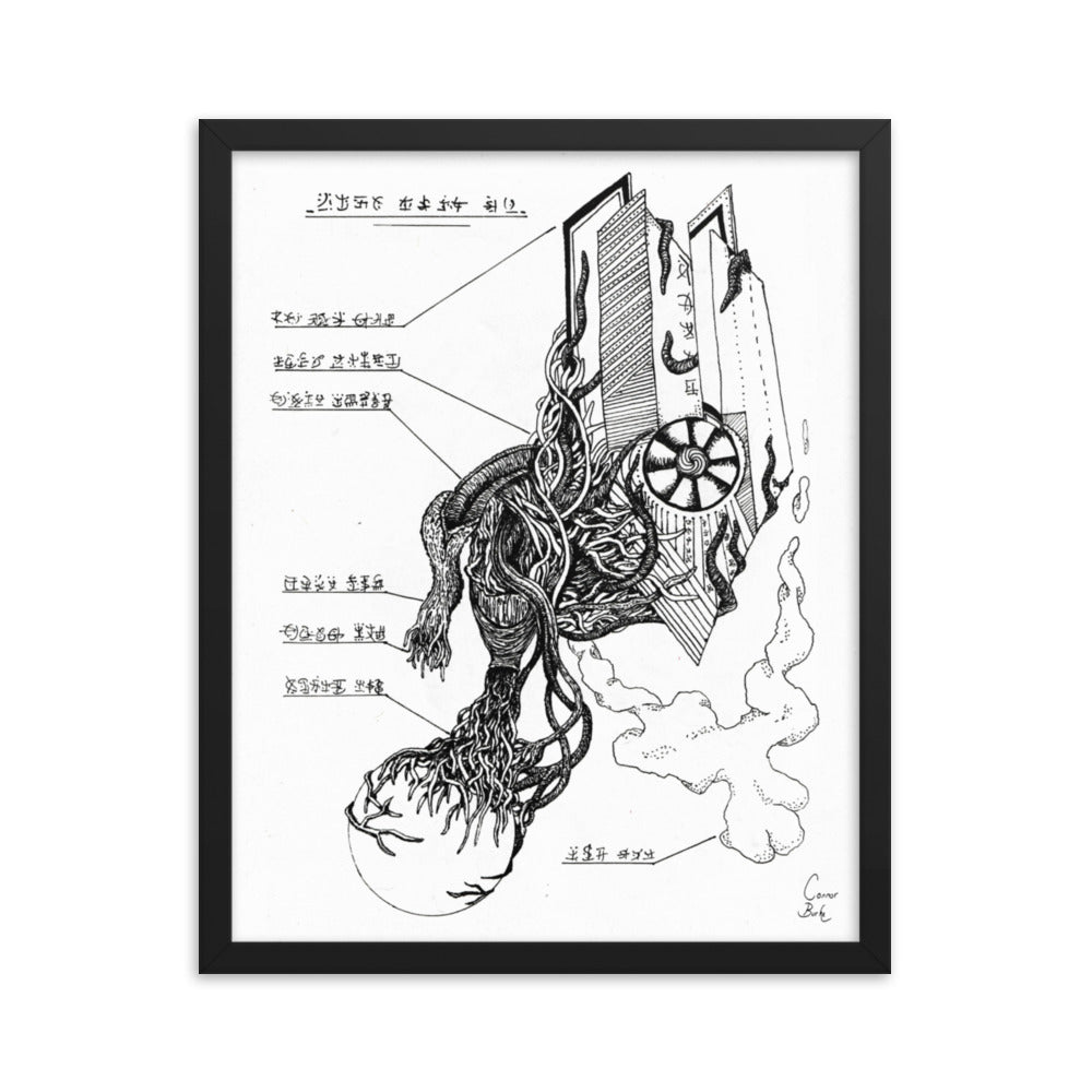 A fineliner black and white drawing of an alien parasite located in space. It is attacking a giant geometric alien spaceship called a multi-gravatonic swarm devastator. The picture is alive with fine details. The parasite is swarming with what looks like tentacles and tendrils. The drawing comes with a black frame. Each part of the creature is also labelled like a textbook in an alien dialect.