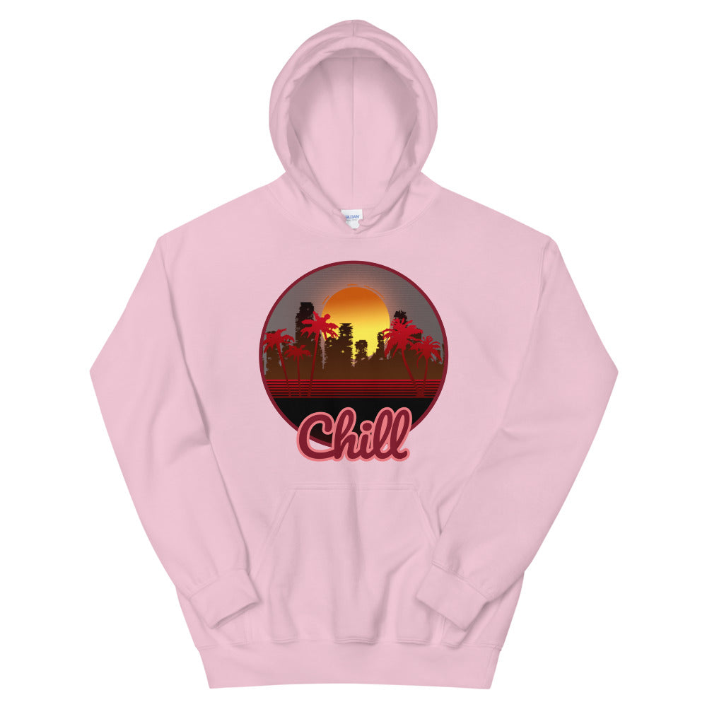 A light pink hoodie with a logo on the front centre. It is a round logo of post apocalyptic Miami. Palm trees frame the image. Chill is sprawled across the front bottom of the logo