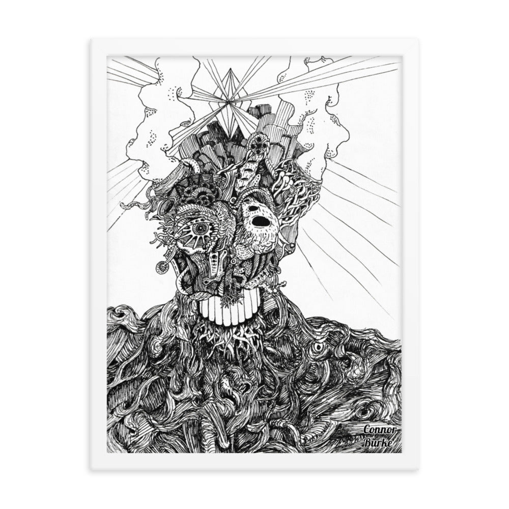 A White framed print of an extremely fine detailed drawing of an alien. Swirls of lines makes the flesh on the chest and shoulders while the face is covered in tendrils or tubes and intricate designs. Smoke belches out of the aliens head and a giant diamond is beaming out light from the centre of the head. His name is BOB