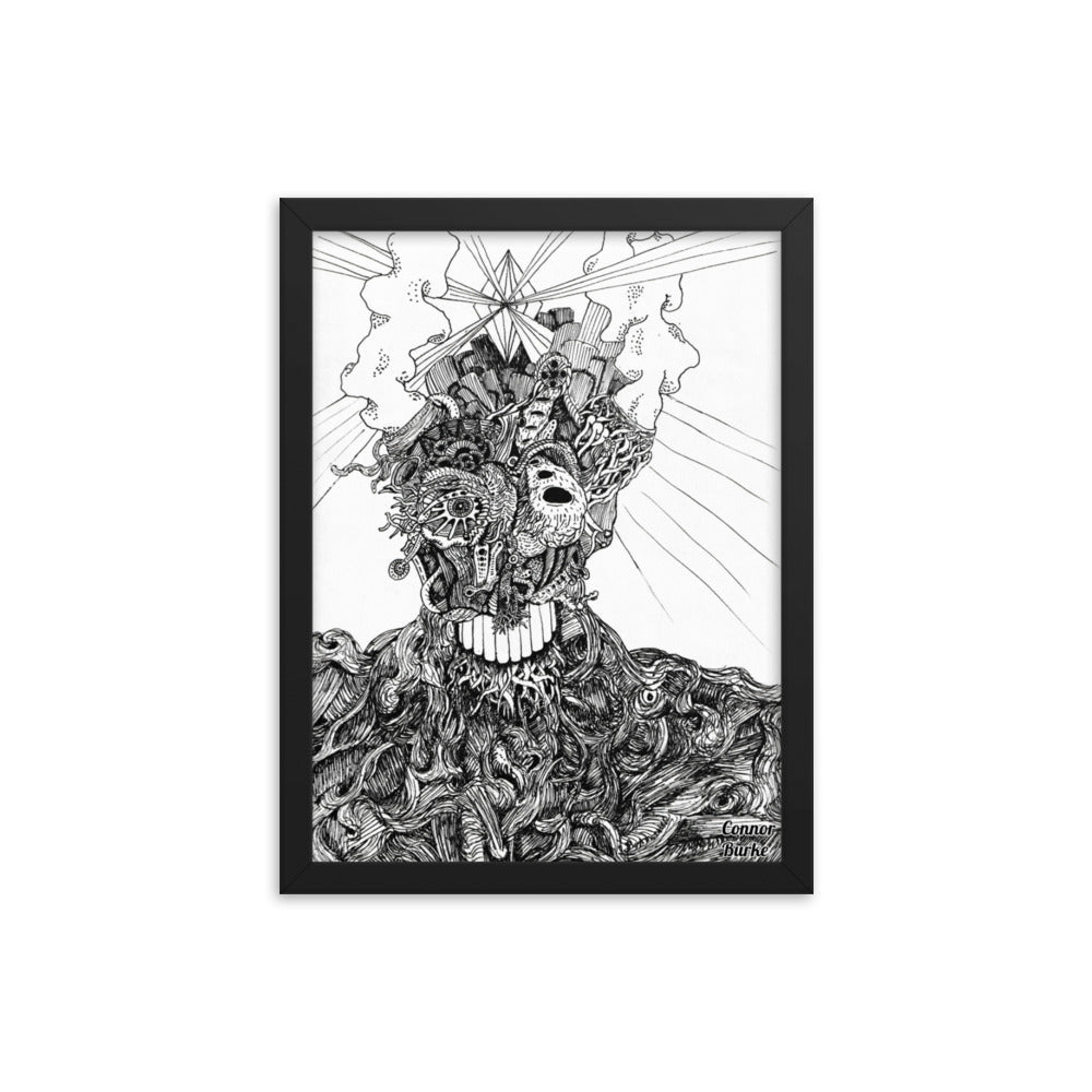 A Black framed print of an extremely fine detailed drawing of an alien. Swirls of lines makes the flesh on the chest and shoulders while the face is covered in tendrils or tubes and intricate designs. Smoke belches out of the aliens head and a giant diamond is beaming out light from the centre of the head. His name is BOB