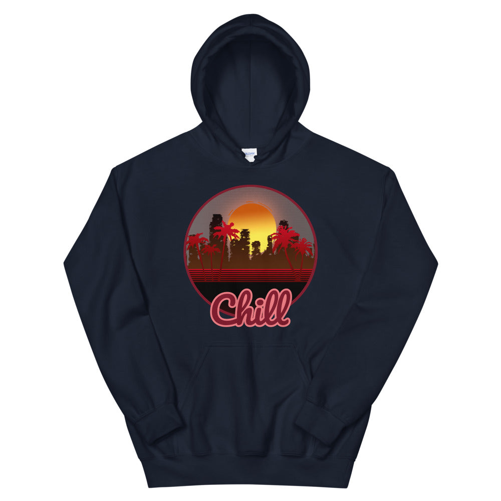 A navy hoodie with a logo on the front centre. It is a round logo of post apocalyptic Miami. Palm trees frame the image. Chill is sprawled across the front bottom of the logo