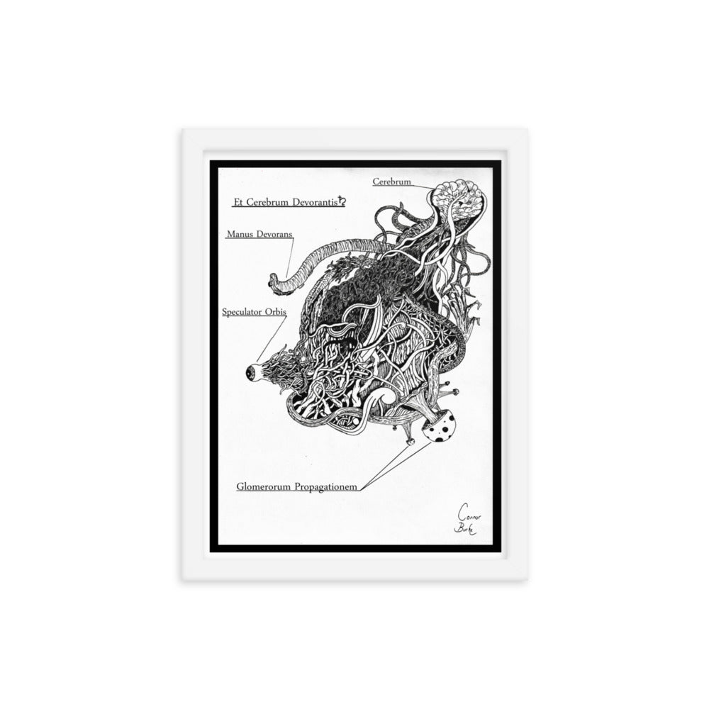 white framed print of an alien parasite. drawn with fineliner and packed with details. It is black and white