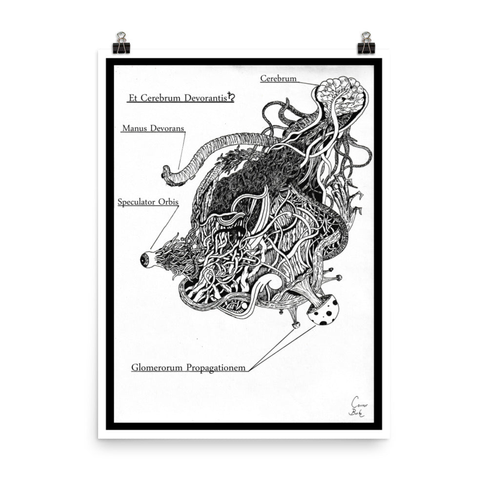 unframed print of an alien parasite. drawn with fineliner and packed with details. It is black and white