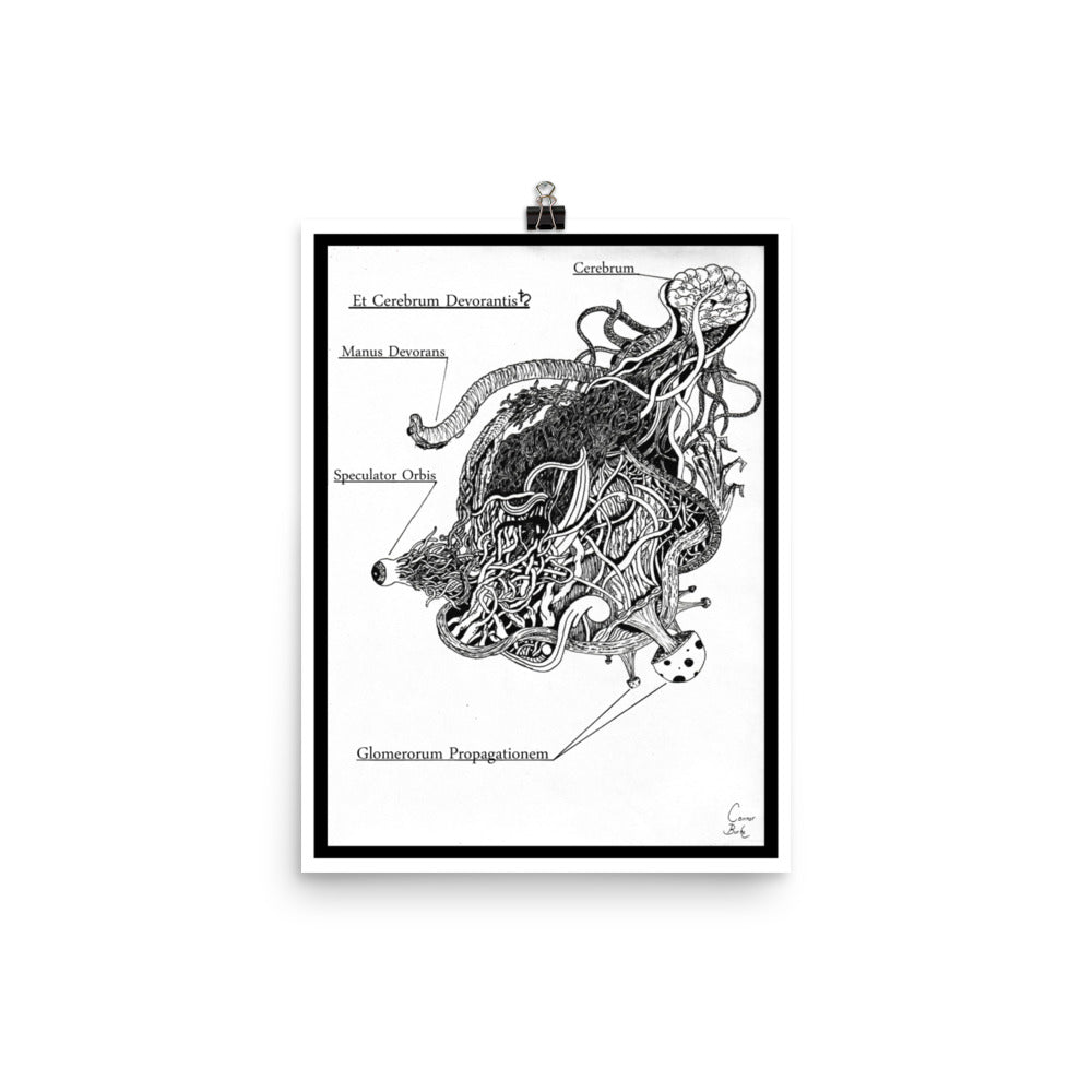 unframed print of an alien parasite. drawn with fineliner and packed with details. It is black and white