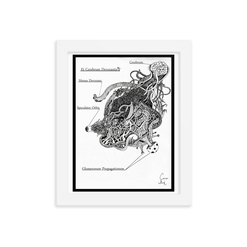 white framed print of an alien parasite. drawn with fineliner and packed with details. It is black and white