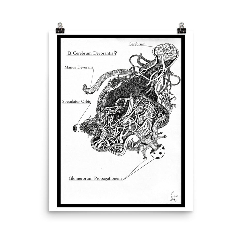 unframed print of an alien parasite. drawn with fineliner and packed with details. It is black and white