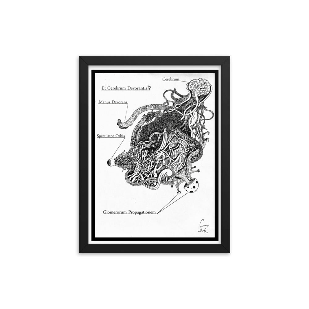 Black framed print of an alien parasite. drawn with fineliner and packed with details. It is black and white