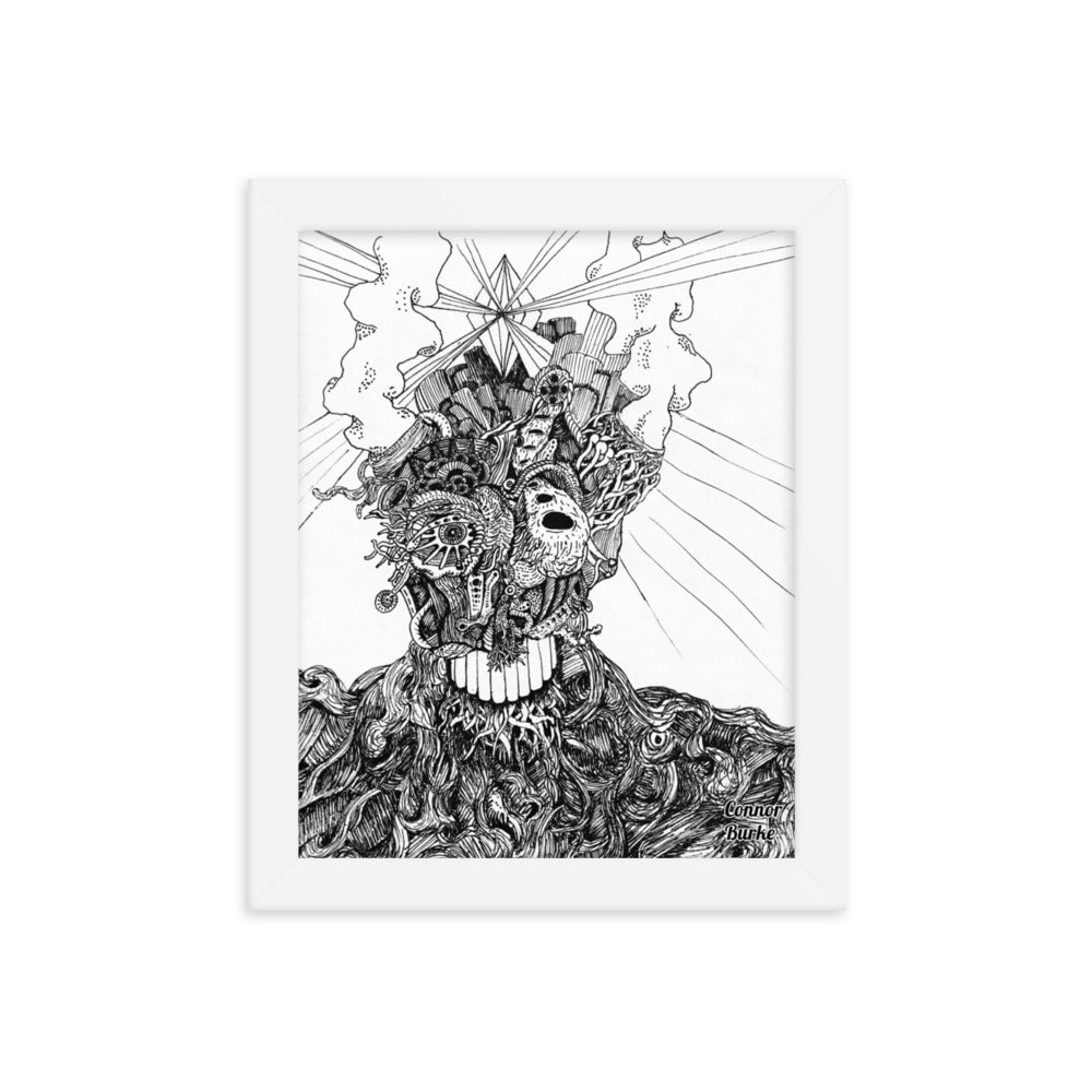 A White framed print of an extremely fine detailed drawing of an alien. Swirls of lines makes the flesh on the chest and shoulders while the face is covered in tendrils or tubes and intricate designs. Smoke belches out of the aliens head and a giant diamond is beaming out light from the centre of the head. His name is BOB