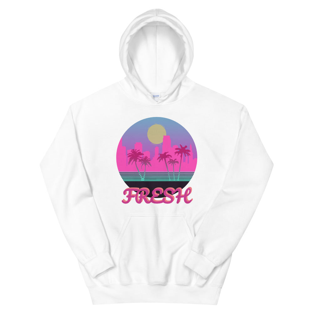 A white hoodie with a logo on the front centre. It is a round logo of the Miami skyline. Palm trees frame the image. Fresh is sprawled across the front bottom of the logo