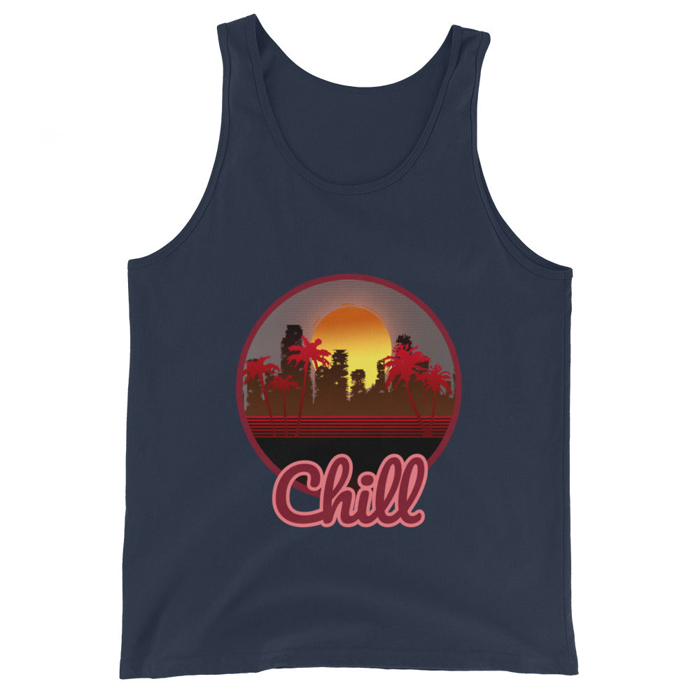 A navy vest/tanktop with a logo on the front centre. It is a round logo of Miami. Miami is fully block coloured and the buildings are noticeably derelict. Pam trees frame the image and the sun is a dark orange that bleeds onto a rich mustard behind the destroyed buildings. Chill is sprawled across the front bottom of the logo