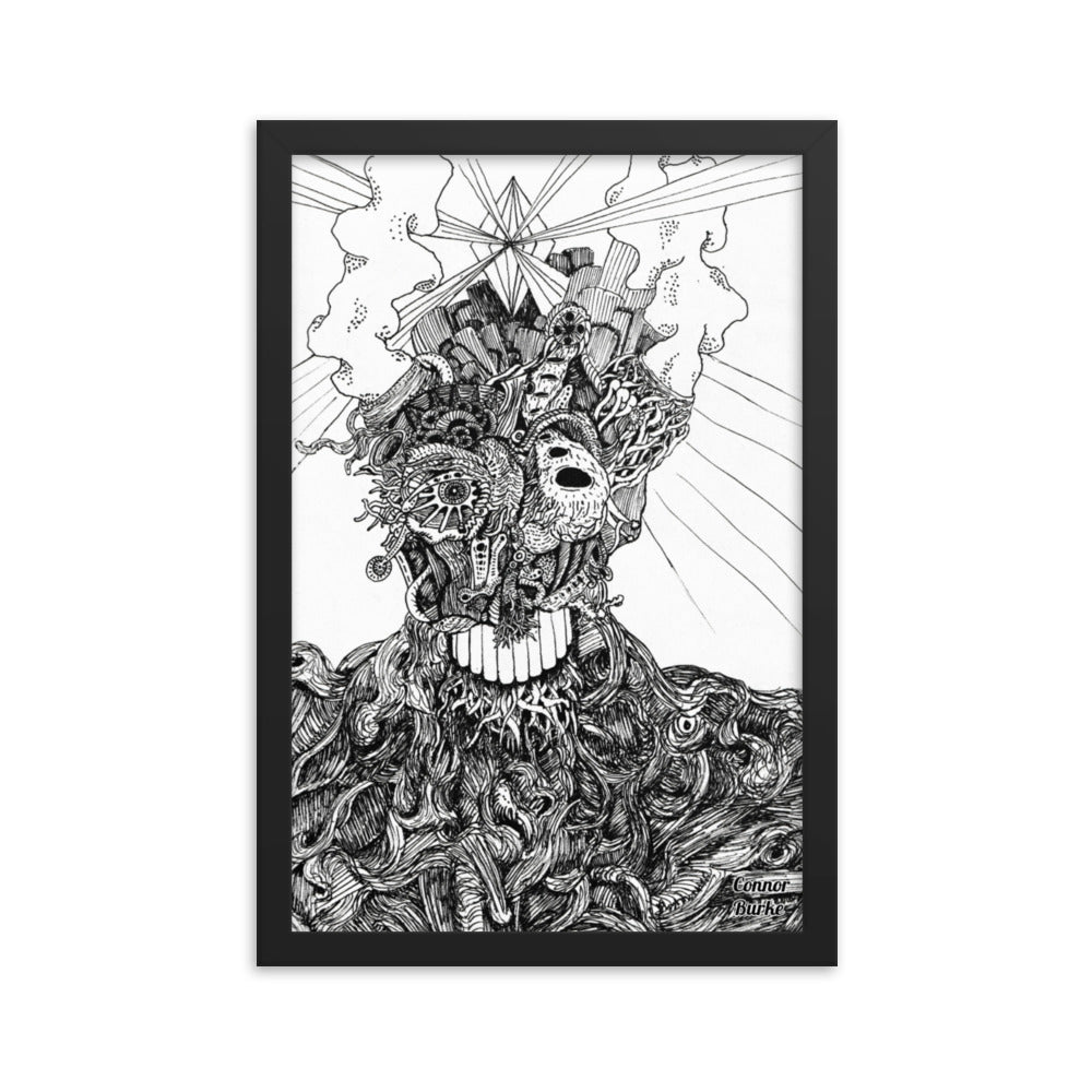 A Black framed print of an extremely fine detailed drawing of an alien. Swirls of lines makes the flesh on the chest and shoulders while the face is covered in tendrils or tubes and intricate designs. Smoke belches out of the aliens head and a giant diamond is beaming out light from the centre of the head. His name is BOB