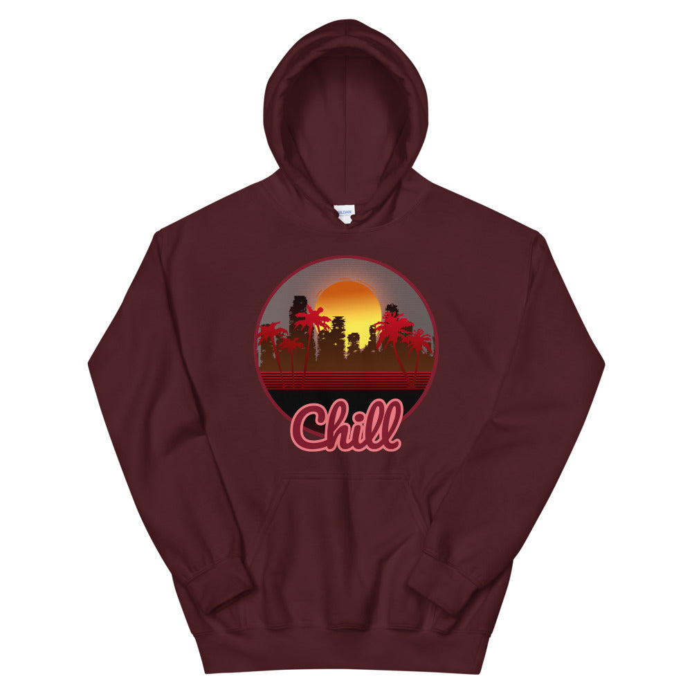 A dark red hoodie with a logo on the front centre. It is a round logo of post apocalyptic Miami. Palm trees frame the image. Chill is sprawled across the front bottom of the logo