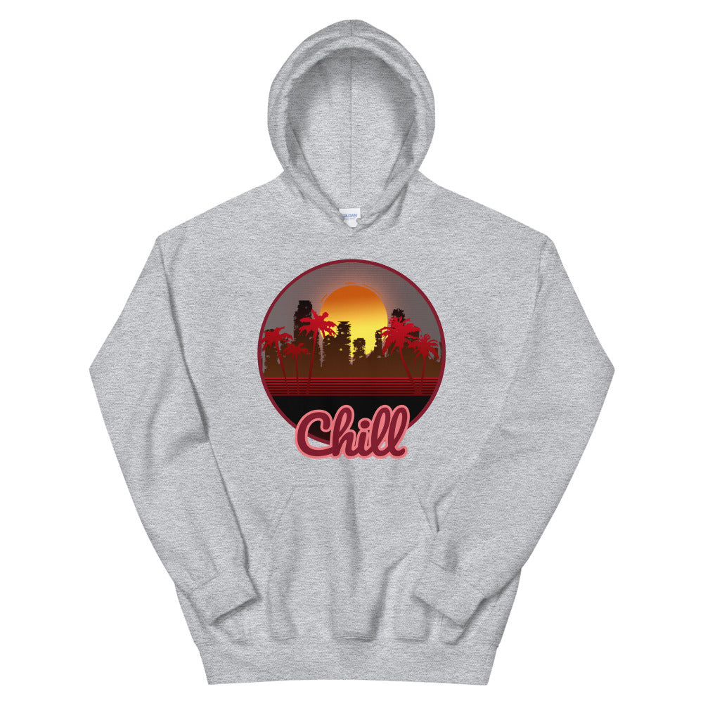 A light gray hoodie with a logo on the front centre. It is a round logo of post apocalyptic Miami. Palm trees frame the image. Chill is sprawled across the front bottom of the logo