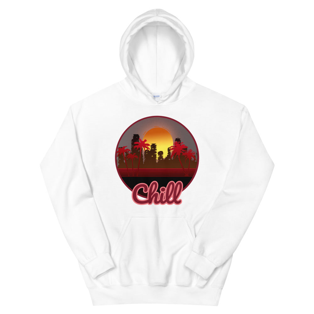 A white hoodie with a logo on the front centre. It is a round logo of post apocalyptic Miami. Palm trees frame the image. Chill is sprawled across the front bottom of the logo