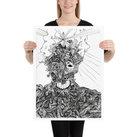 A Black and white print of an extremely fine detailed drawing of an alien. Swirls of lines makes the flesh on the chest and shoulders while the face is covered in tendrils or tubes and intricate designs. Smoke belches out of the aliens head and a giant diamond is beaming out light from the centre of the head. His name is BOB