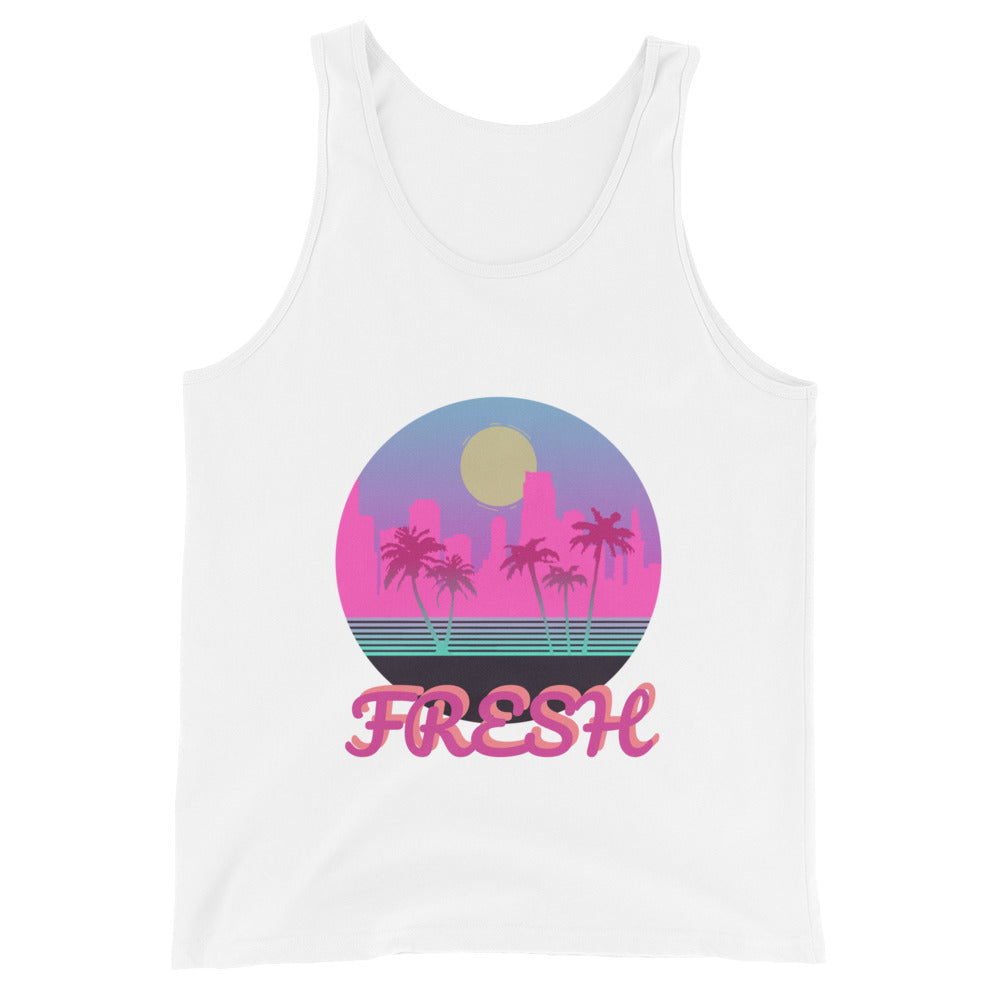 A white tank top/vest with a logo on the front centre. It is a round logo of the Miami skyline. Palm trees frame the image. Fresh is sprawled across the front bottom of the logo