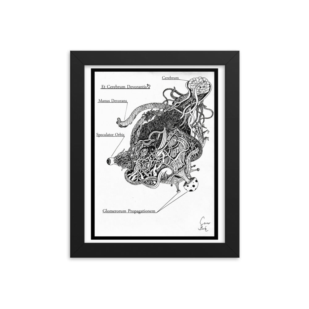 Black framed print of an alien parasite. drawn with fineliner and packed with details. It is black and white