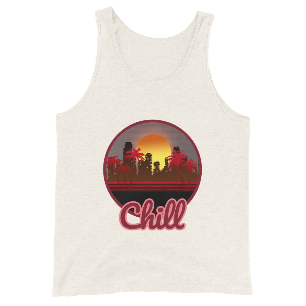 An oatmeal coloured vest/tanktop with a logo on the front centre. It is a round logo of Miami. Miami is fully block coloured and the buildings are noticeably derelict. Pam trees frame the image and the sun is a dark orange that bleeds onto a rich mustard behind the destroyed buildings. Chill is sprawled across the front bottom of the logo