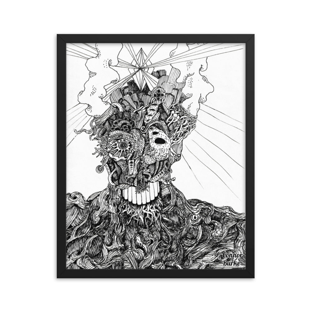 A Black framed print of an extremely fine detailed drawing of an alien. Swirls of lines makes the flesh on the chest and shoulders while the face is covered in tendrils or tubes and intricate designs. Smoke belches out of the aliens head and a giant diamond is beaming out light from the centre of the head. His name is BOB