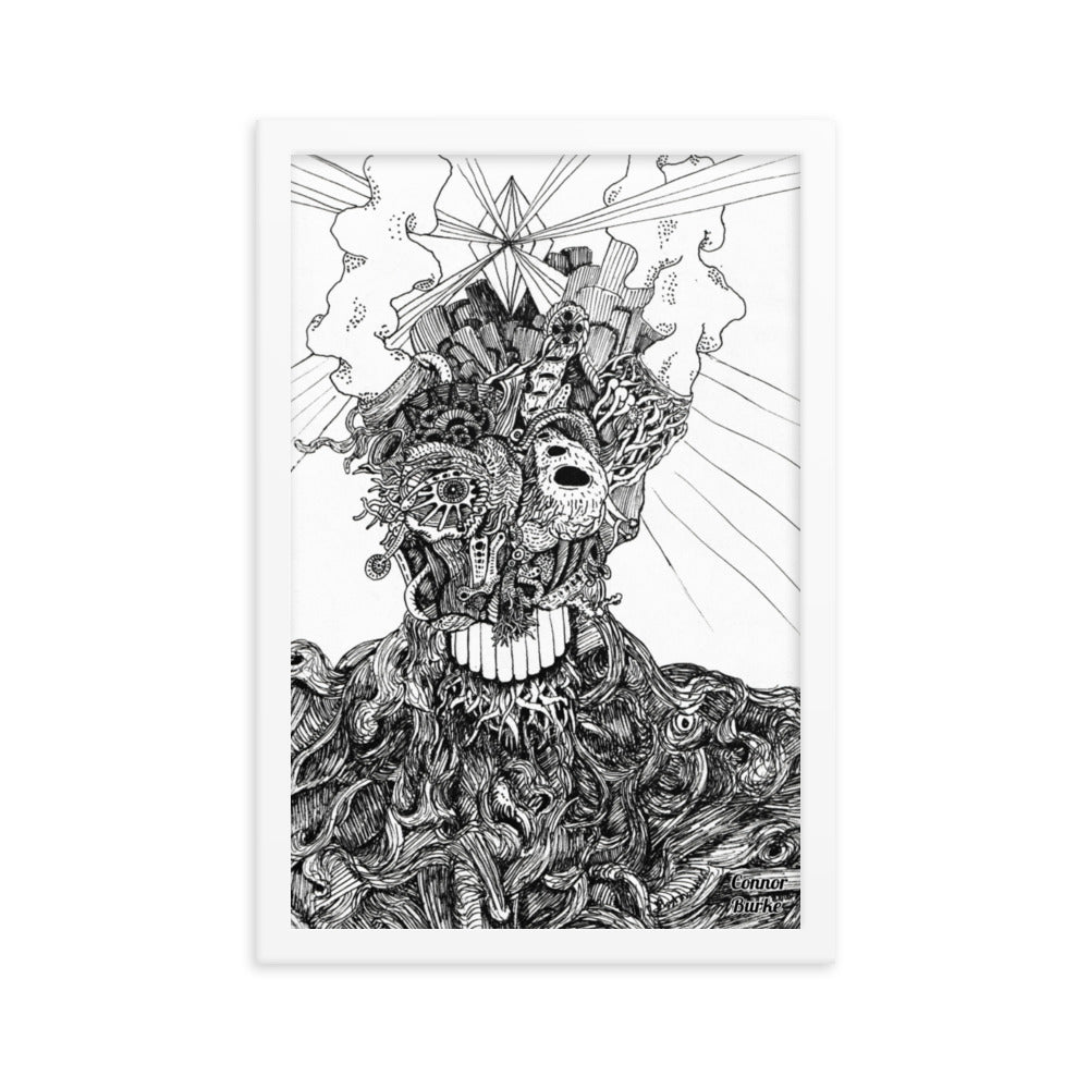 A White framed print of an extremely fine detailed drawing of an alien. Swirls of lines makes the flesh on the chest and shoulders while the face is covered in tendrils or tubes and intricate designs. Smoke belches out of the aliens head and a giant diamond is beaming out light from the centre of the head. His name is BOB