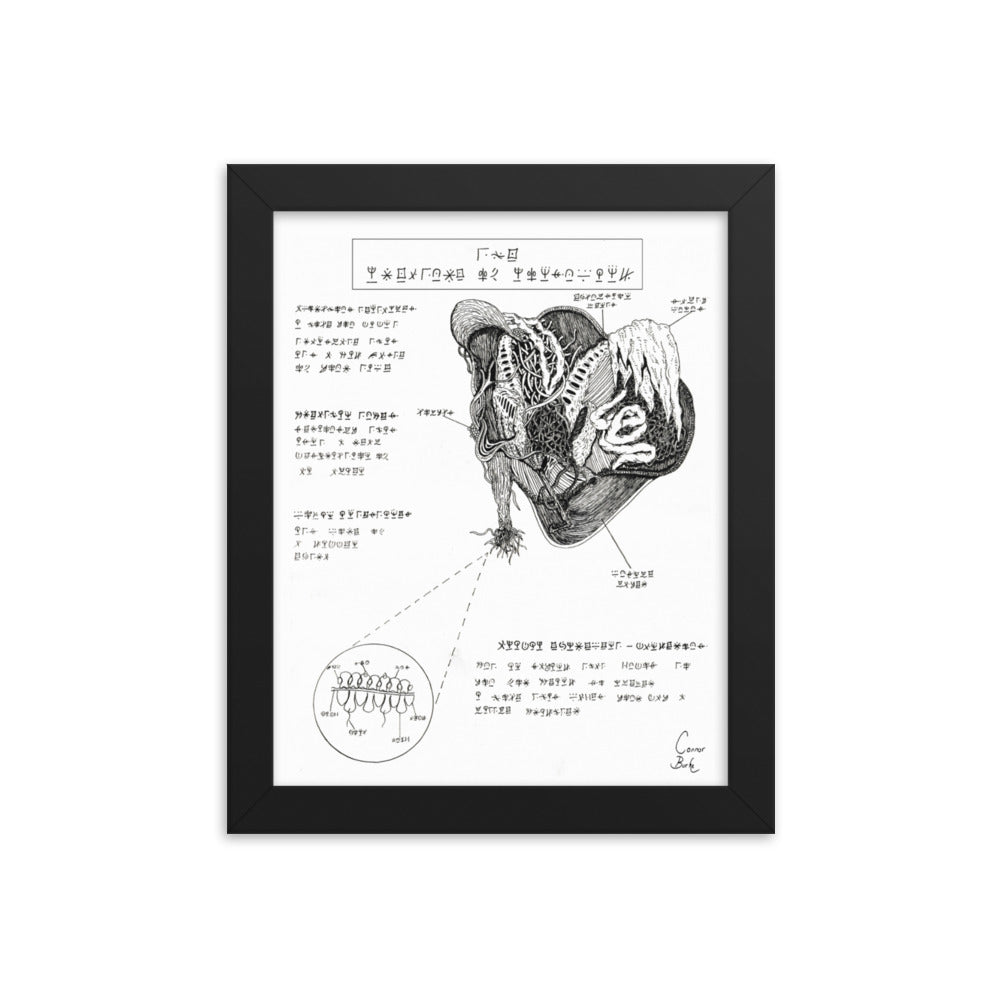 A black framed fineliner drawing of an alien parasite. It is displayed as if an image in a textbook with labelled sections and a zoomed in section to show the molecular structure of the beast. The creature has tentacles and tendrils as well as plenty of what looks like gills.