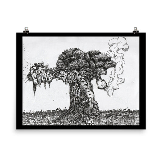 A black framed print of the Tree of life. A giant fungal mass of spores, mushrooms, tendrils, and organic living matter. The ground in the picture is filled with mushroom based flora. The image is very very detailed and is in black and white. Drawn with fineliners.