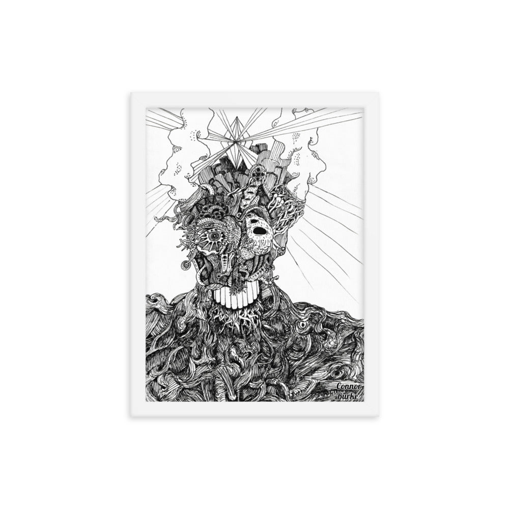 A White framed print of an extremely fine detailed drawing of an alien. Swirls of lines makes the flesh on the chest and shoulders while the face is covered in tendrils or tubes and intricate designs. Smoke belches out of the aliens head and a giant diamond is beaming out light from the centre of the head. His name is BOB