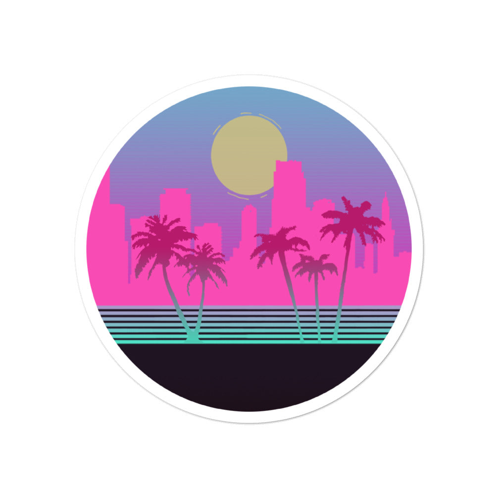 A round sticker with a cartoonised version of the Miami skyline. The colour palette is neon pinks and blues to represent the 80s. Palm trees frame the sticker 