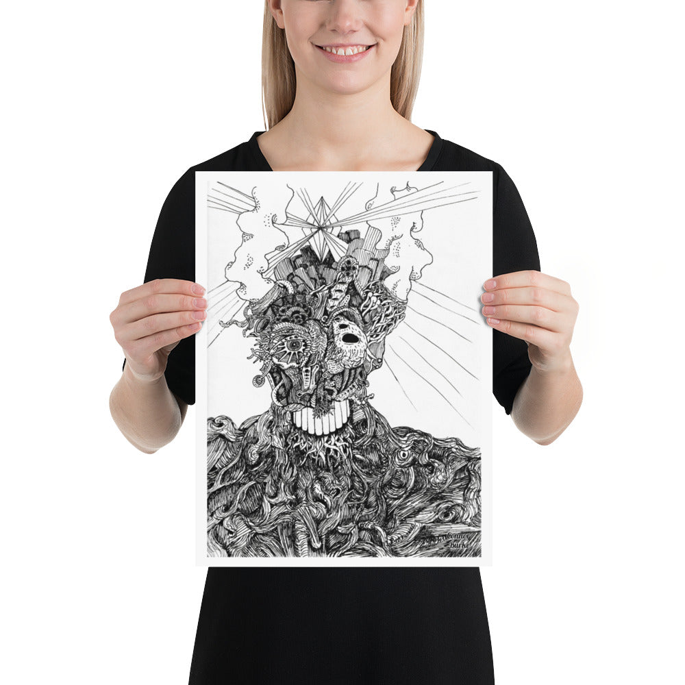 A Black and white print of an extremely fine detailed drawing of an alien. Swirls of lines makes the flesh on the chest and shoulders while the face is covered in tendrils or tubes and intricate designs. Smoke belches out of the aliens head and a giant diamond is beaming out light from the centre of the head. His name is BOB