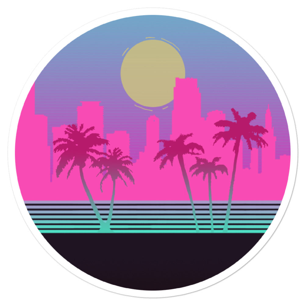 A round sticker with a cartoonised version of the Miami skyline. The colour palette is neon pinks and blues to represent the 80s. Palm trees frame the sticker 