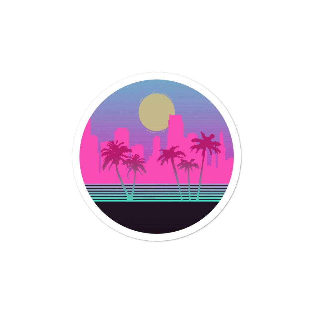 A round sticker with a cartoonised version of the Miami skyline. The colour palette is neon pinks and blues to represent the 80s. Palm trees frame the sticker 