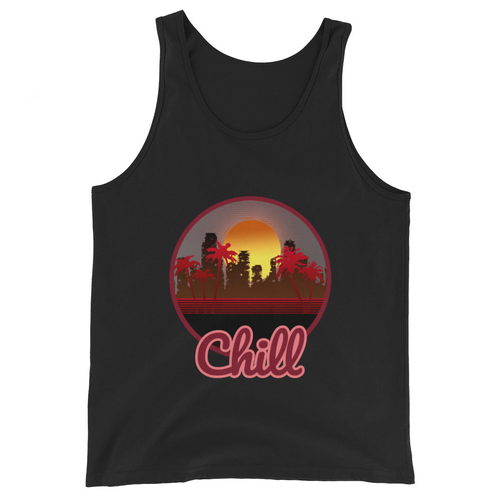 A black vest/tanktop with a logo on the front centre. It is a round logo of Miami. Miami is fully block coloured and the buildings are noticeably derelict. Pam trees frame the image and the sun is a dark orange that bleeds onto a rich mustard behind the destroyed buildings. Chill is sprawled across the front bottom of the logo