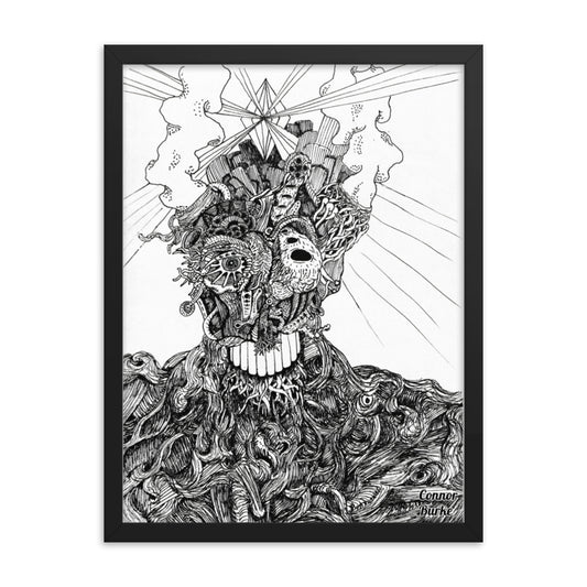 A Black framed print of an extremely fine detailed drawing of an alien. Swirls of lines makes the flesh on the chest and shoulders while the face is covered in tendrils or tubes and intricate designs. Smoke belches out of the aliens head and a giant diamond is beaming out light from the centre of the head. His name is BOB