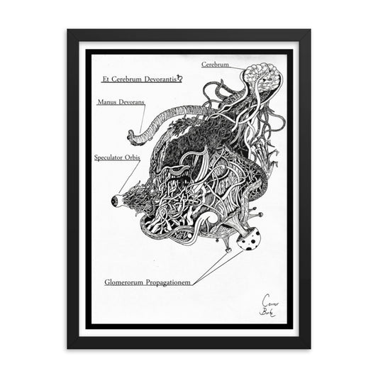 Black framed print of an alien parasite. drawn with fineliner and packed with details. It is black and white