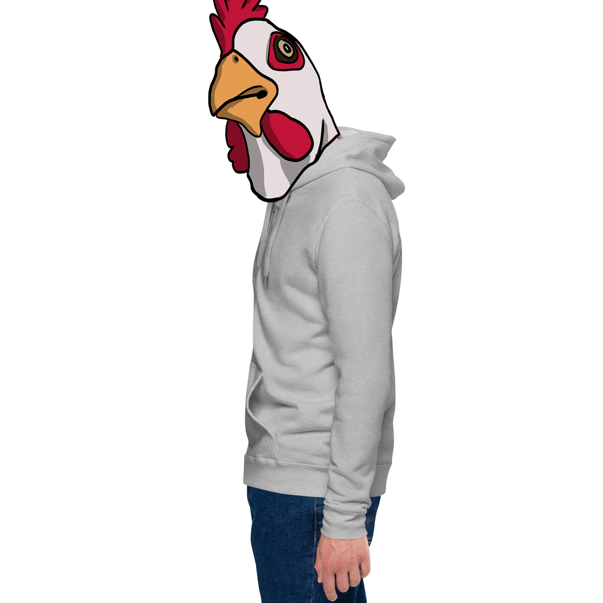 Man faces left but stares at the camera in a chicken mask wearing a grey hoodie