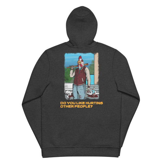 Grey hoodie back side. A design of a man wearing a letterman jacket, chicken mask, and blue jeans sporting a bloody baseball bat with two dead goons either side of him is on the back. The words "DO YOU LIKE HURTING OTHER PEOPLE?" are written below in yellow/orange writing