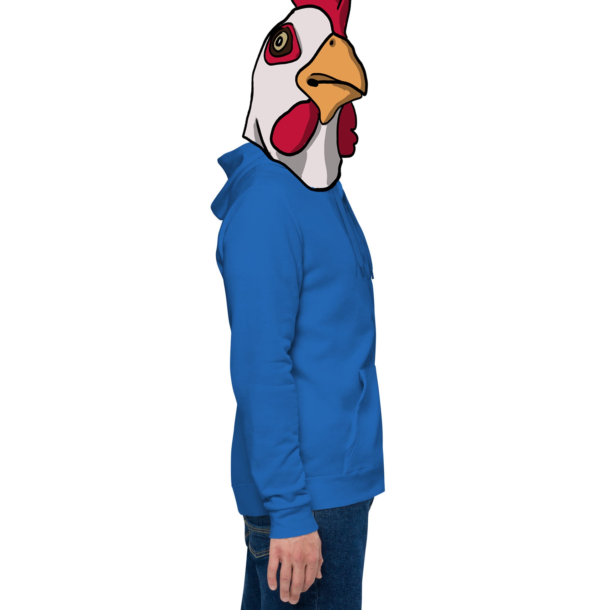 Man faces right but stares at the camera in a chicken mask wearing a Blue hoodie